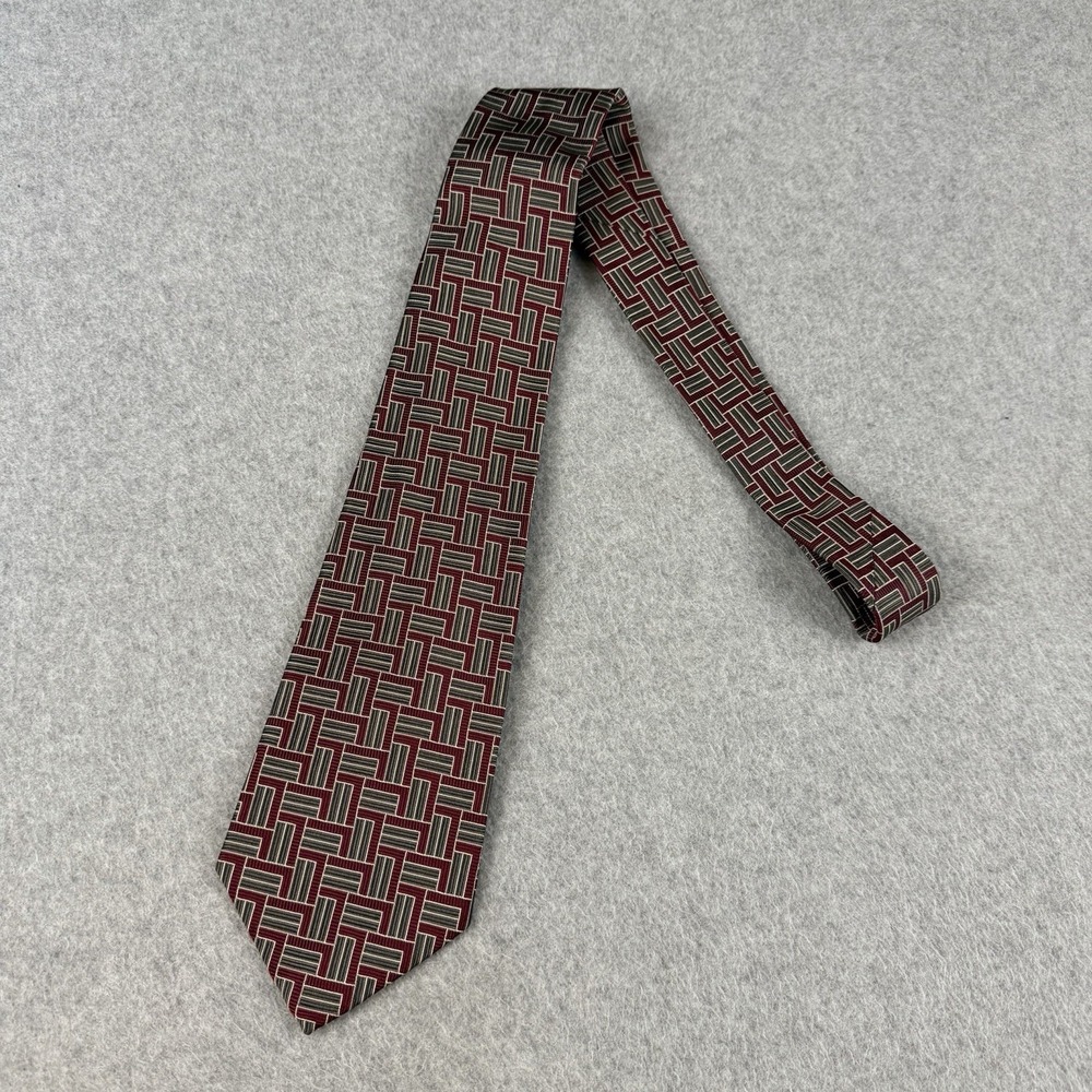 Vintage Garrick Anderson Edward Gray Silk Tie Burgundy Geometric USA 56x3.9" - Picture 4 of 7